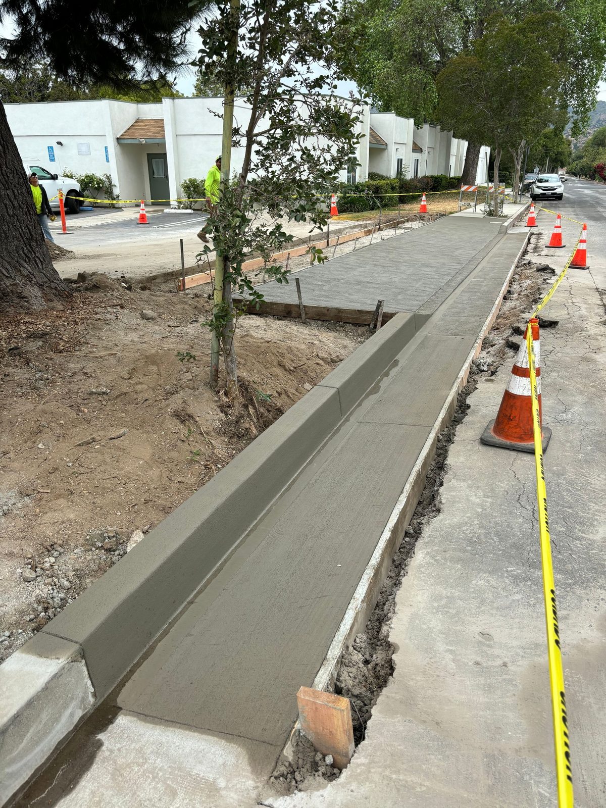 Freshly poured curb and gutter with traffic cones along a commercial street