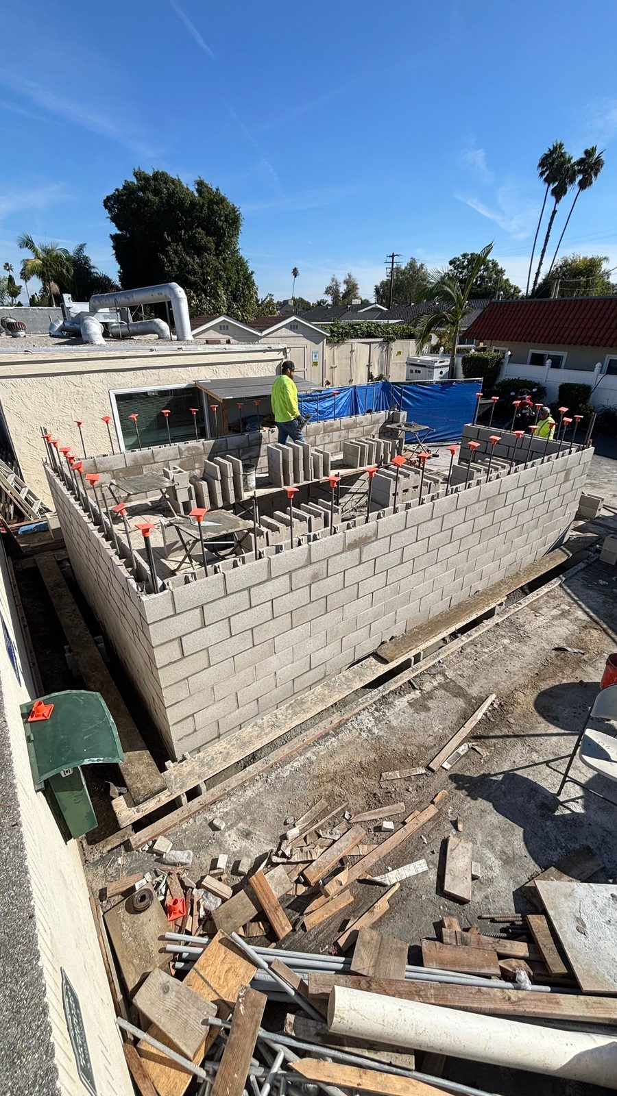 CMU generator enclosure walls with rebar and grout at a healthcare facility